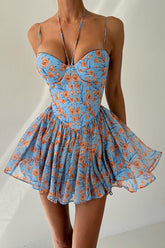 Sweetheart Neck Floral Print A-Line Mini Dresses-Blue Pre Order